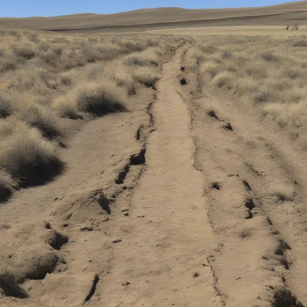 Deep ruts carved into the earth by wagon wheels on the Oregon Trail