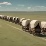 A wagon train traversing the vast plains of the Oregon Trail