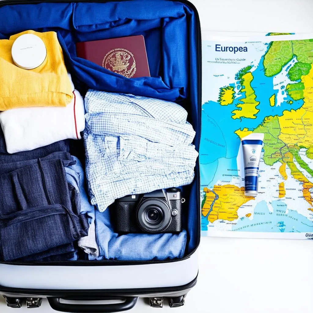 An open suitcase with clothes, travel essentials, and a map of Europe