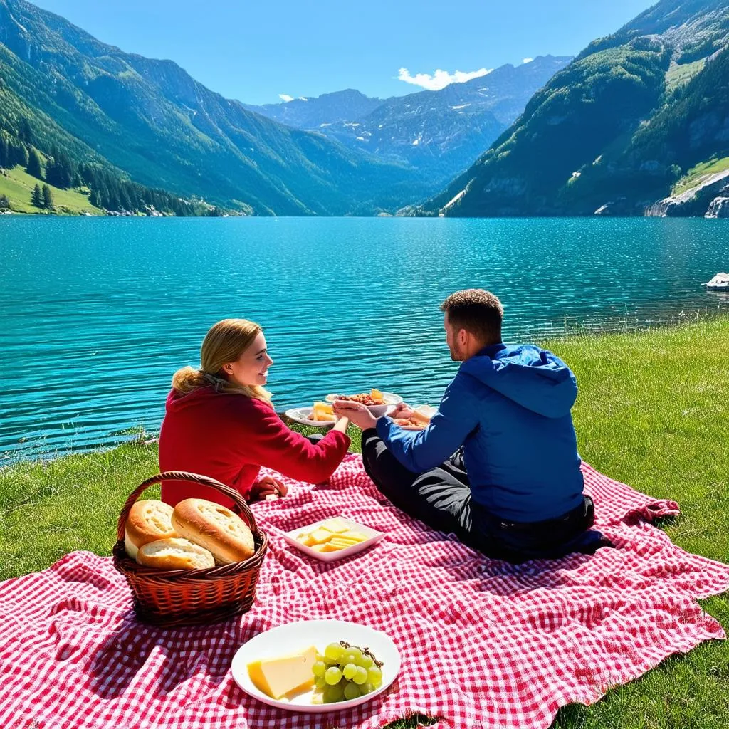 A couple enjoying a picnic lunch with a view of a serene Swiss lake.