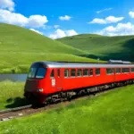 A red train journeys through the Scottish Highlands