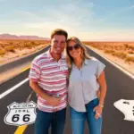 A couple standing on an empty road in the desert, with a vintage car in the background, Route 66 sign visible