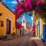 A colorful Mexican town with cobblestone streets and colonial architecture