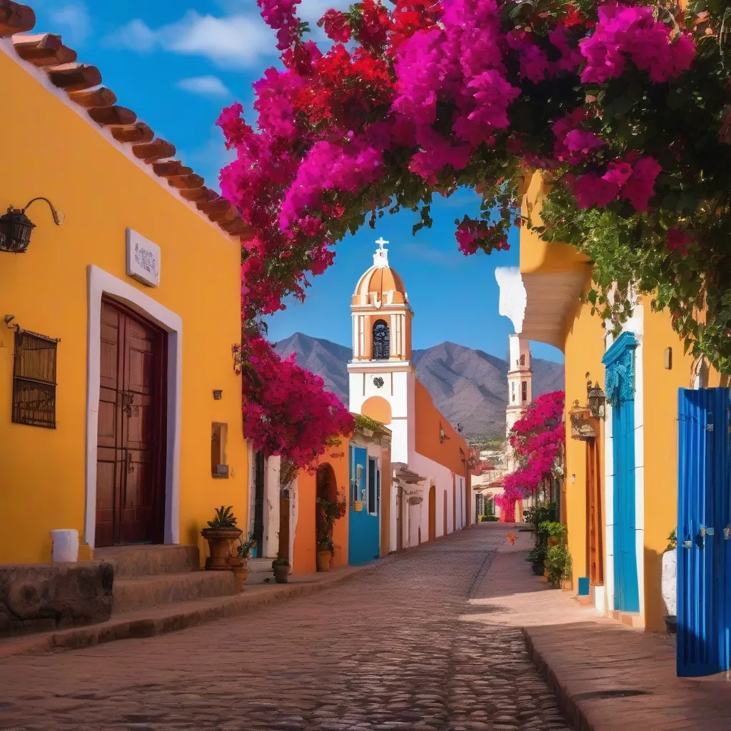 A colorful Mexican town with cobblestone streets and colonial architecture