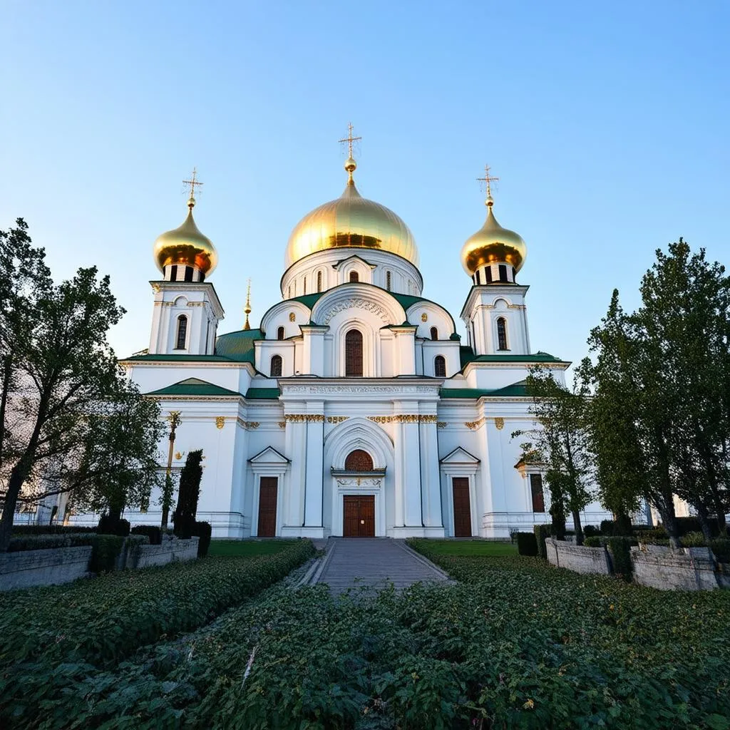 Golden domes of Saint Sophia Cathedral against a bright blue sky