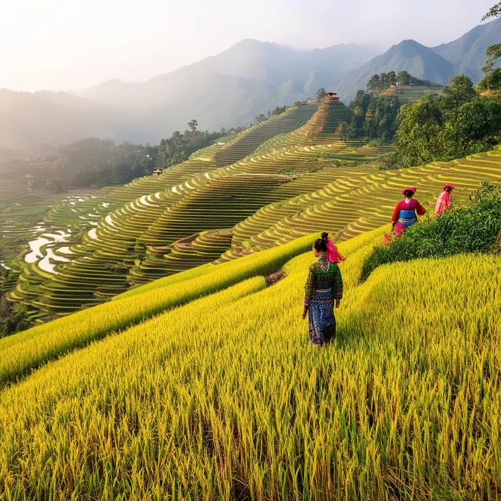 Sunrise Over Lush Green Rice Terraces in Sapa, Vietnam