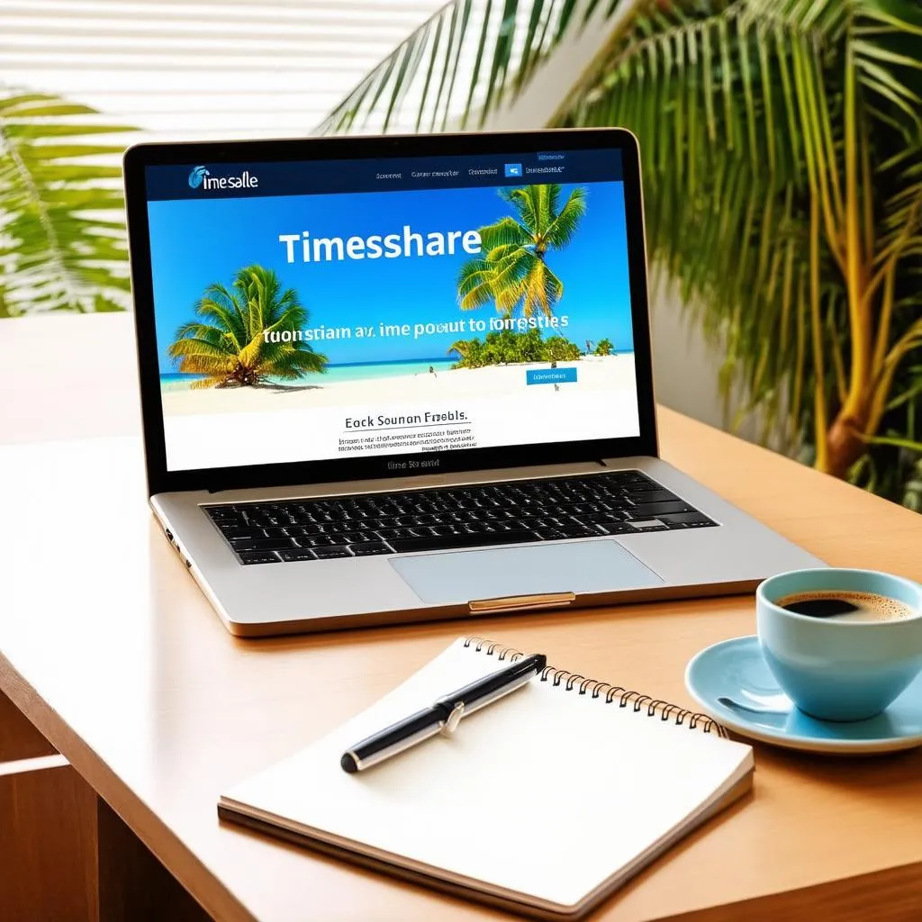 Image of a laptop displaying a timeshare for sale ad with a tropical beach background.