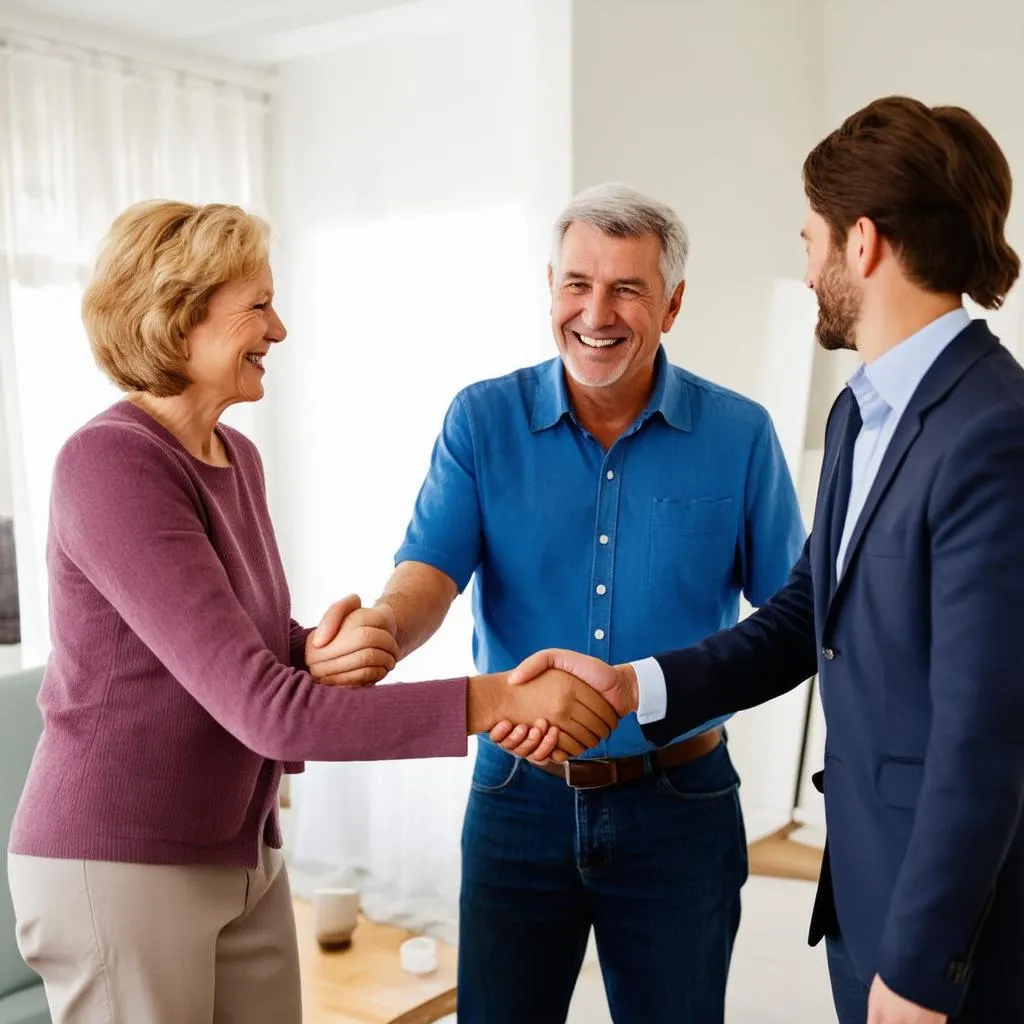 Image of a couple smiling as they finalize the sale of their timeshare membership