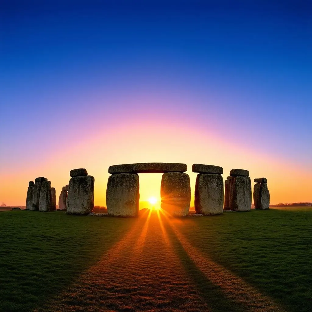 Ancient stones of Stonehenge against a dramatic sunrise