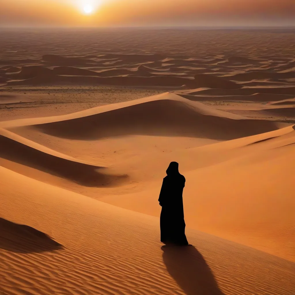 A lone traveler watches the sunrise over the sand dunes of the Sahara Desert.