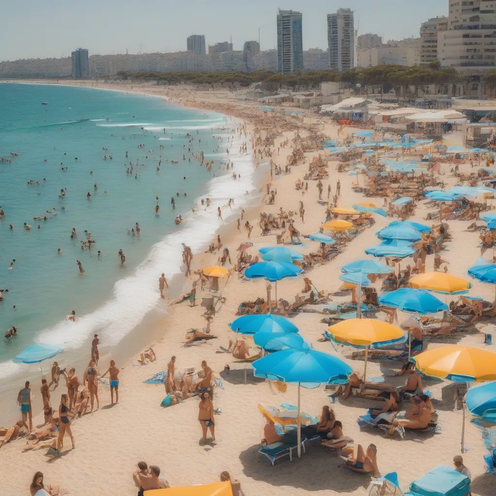 People enjoying the sun and the sea on a beach in Tel Aviv. 