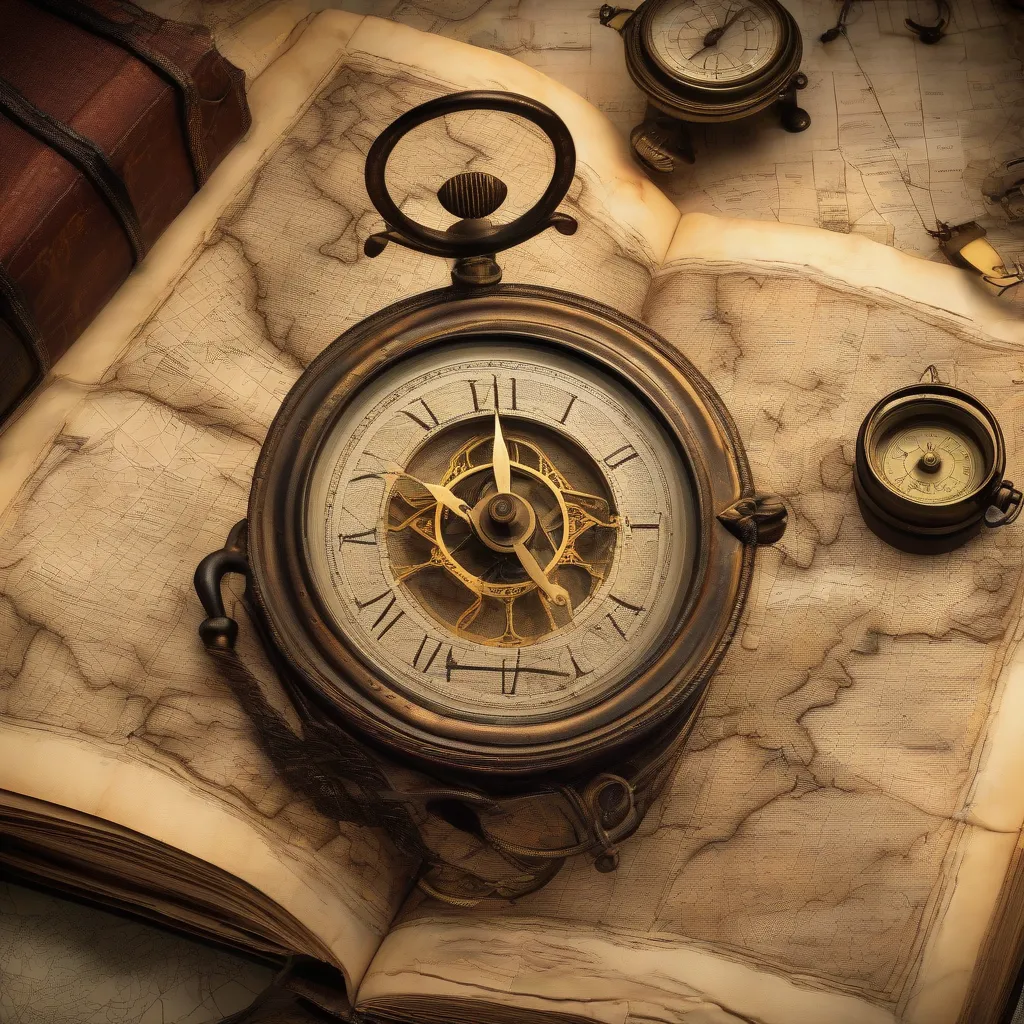 Open antique book with glowing pages, clock face, old maps and compass