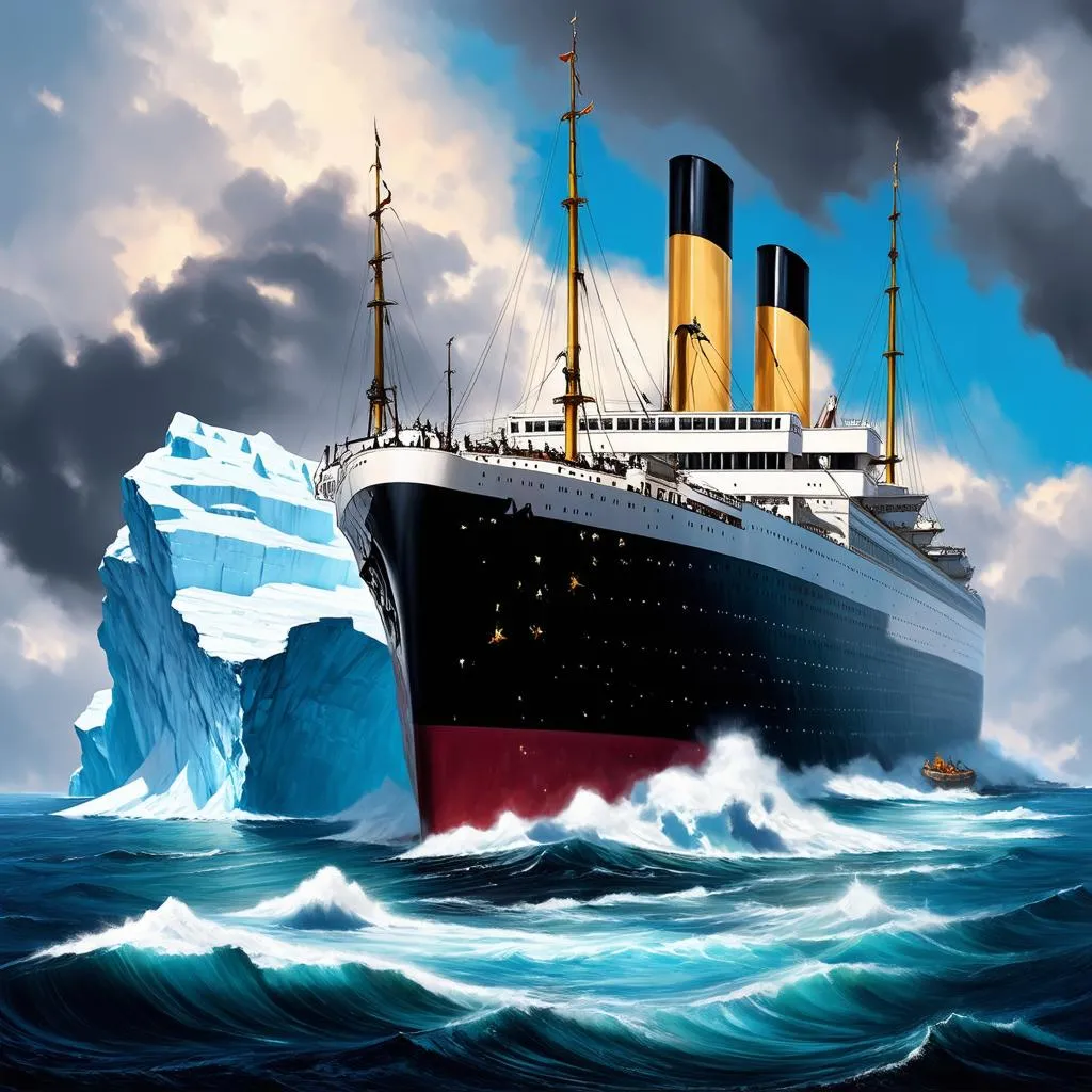 Artist's depiction of the Titanic hitting the iceberg