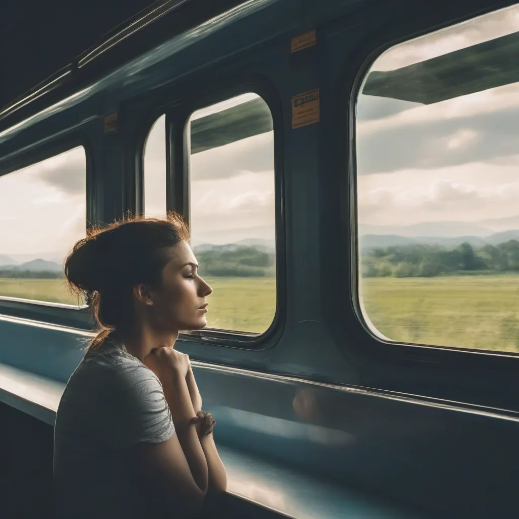 Reflection of a traveler in a train window