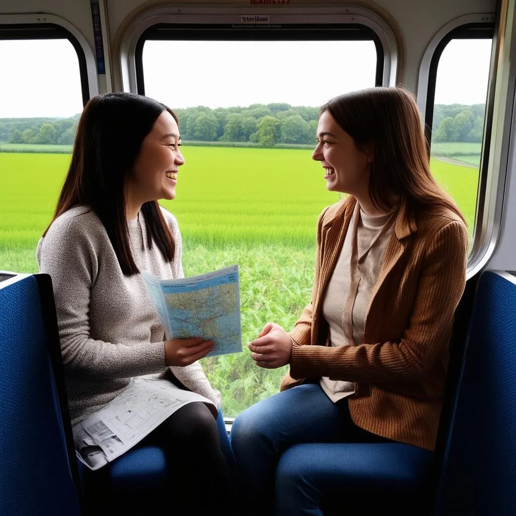 Tourists chat in a train compartment