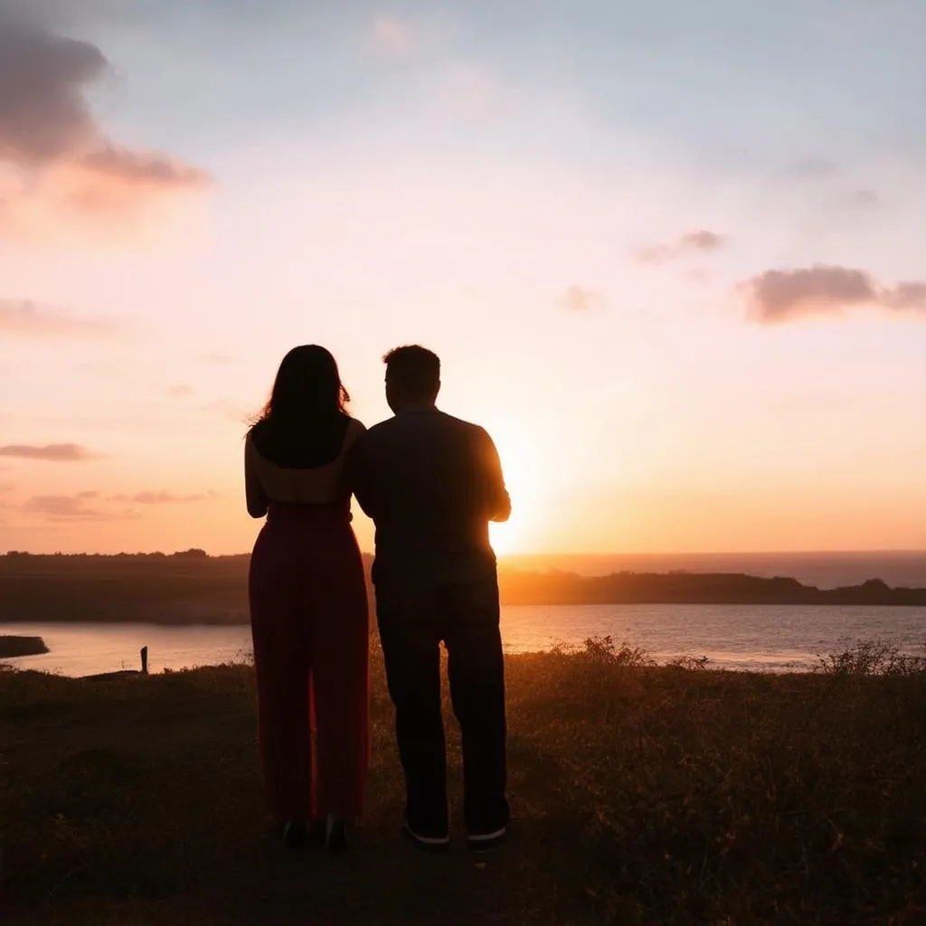 A couple silhouetted against a vibrant sunset, holding hands and looking out over a vast landscape