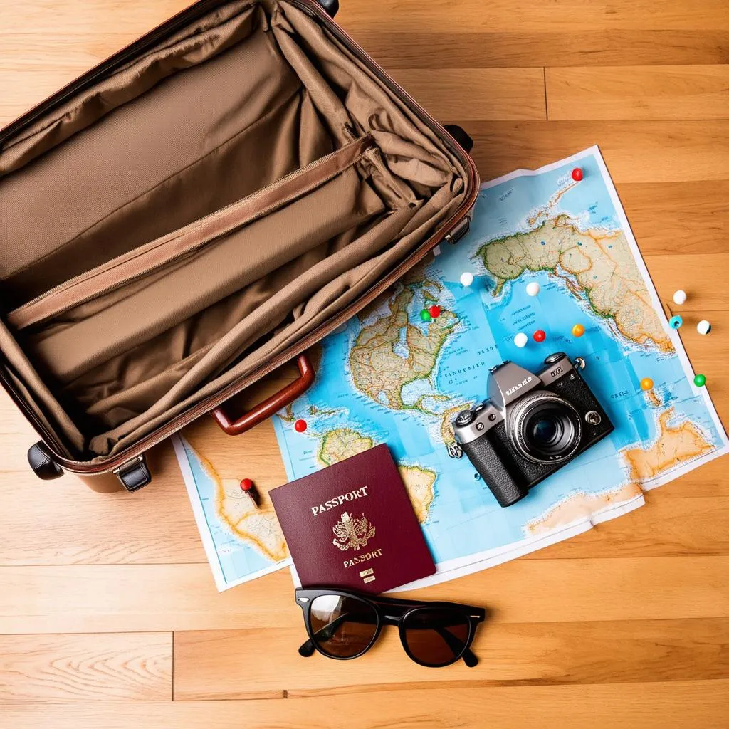 Open suitcase with travel essentials and a world map