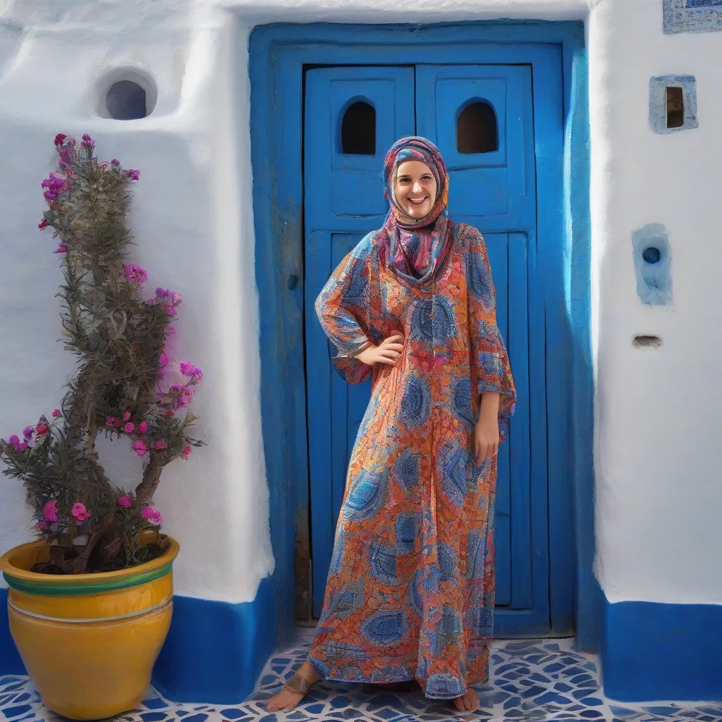 Smiling Tunisian woman in traditional clothing stands in front of a blue door in Sidi Bou Said.