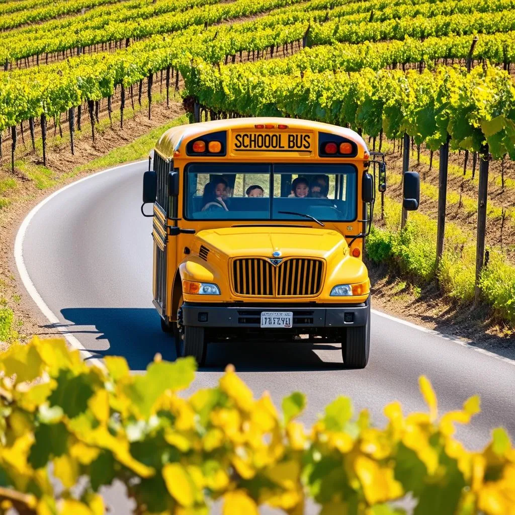 A school bus driving through the Tuscan countryside