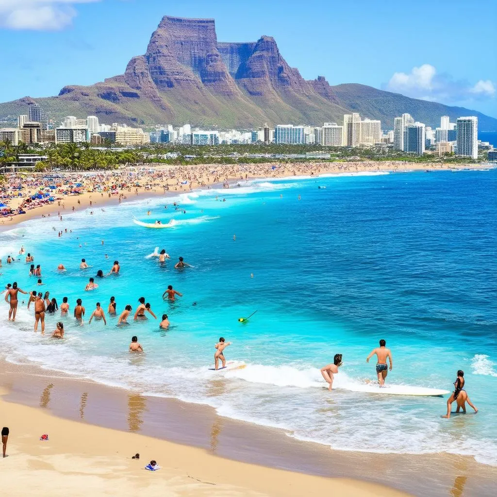 Crowds enjoying Waikiki Beach in Honolulu