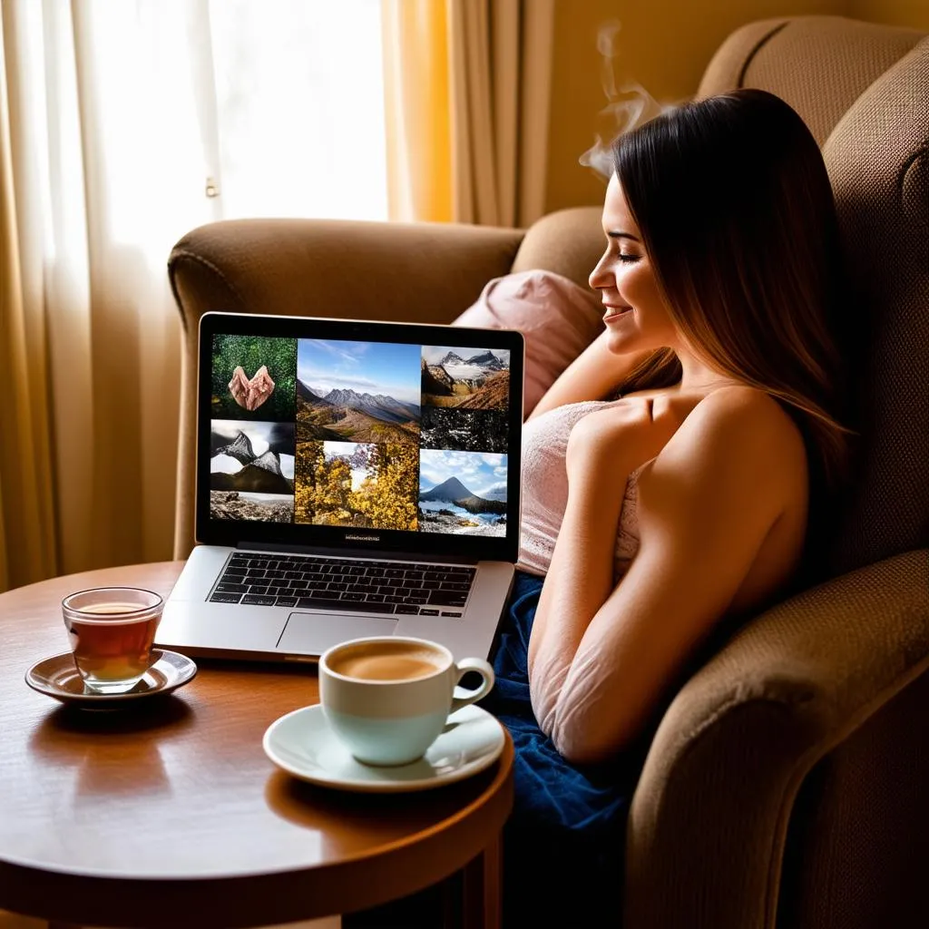 Woman sitting on a comfy chair, sipping tea, and looking at travel photos on her laptop