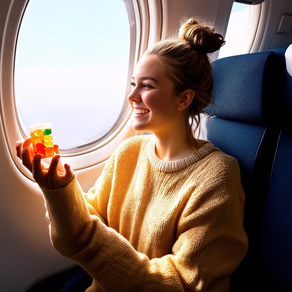 Woman Enjoying CBD Gummies on Airplane