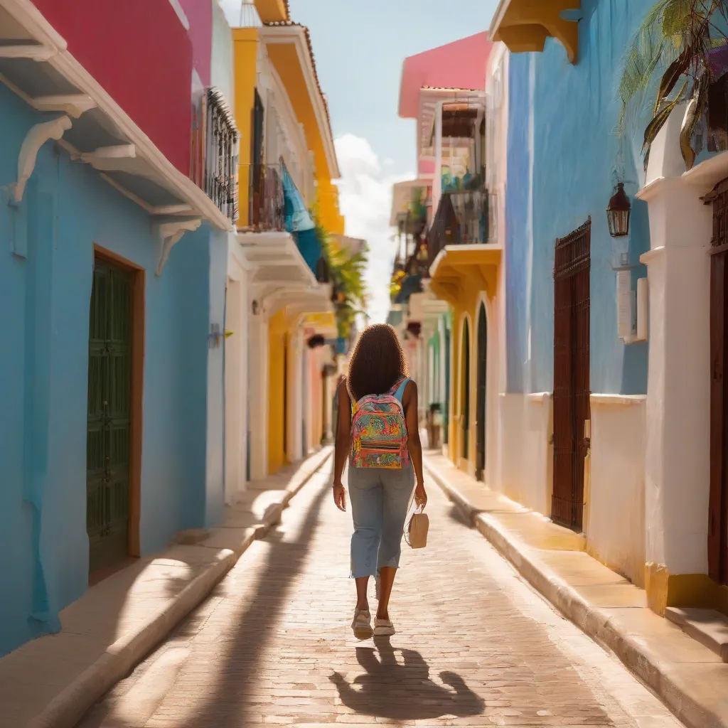 Woman walking down a street in Cartagena