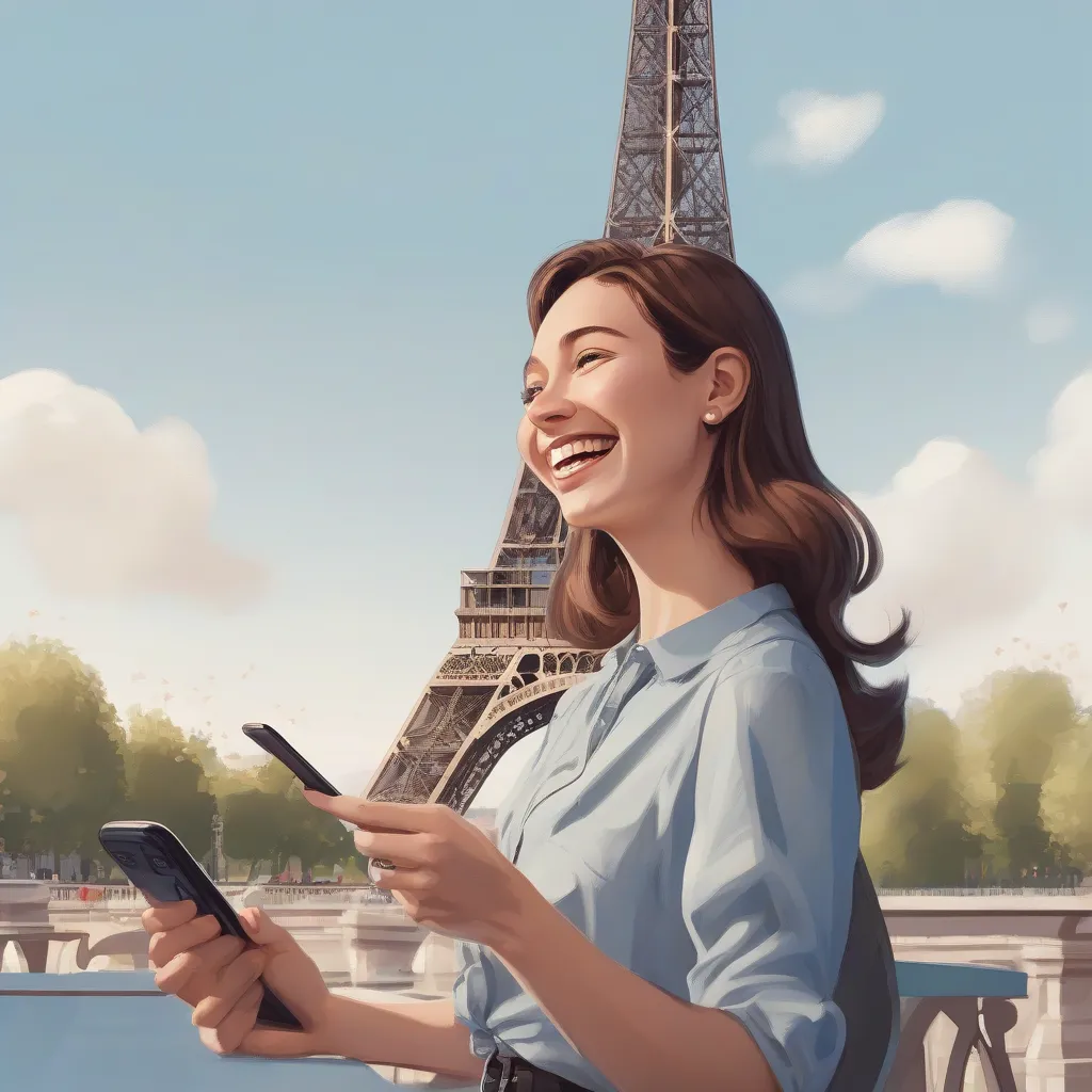 woman smiling and talking to her phone with the Eiffel Tower in the background