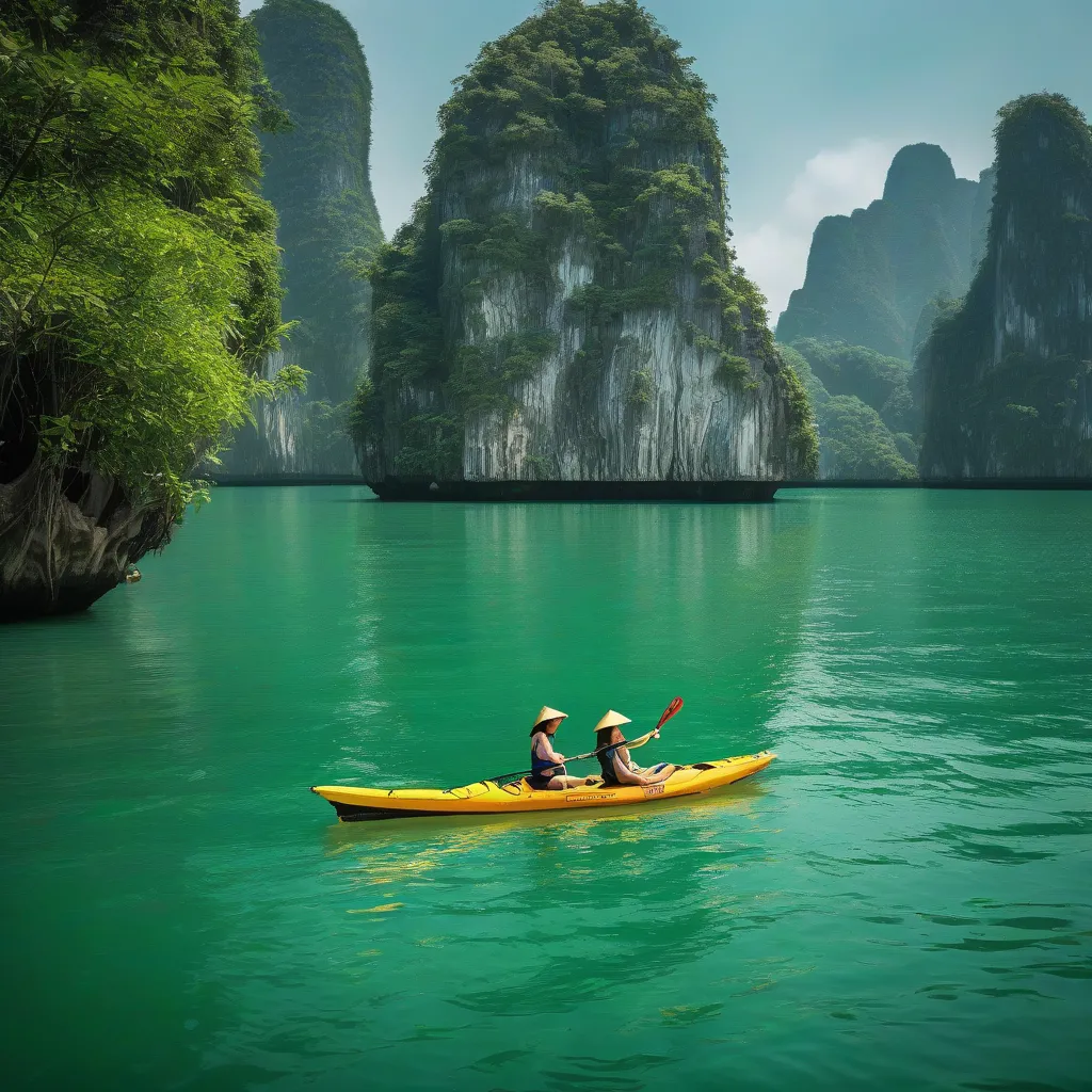 Two people in a kayak paddle through Ha Long Bay in Vietnam with towering limestone islands in the background