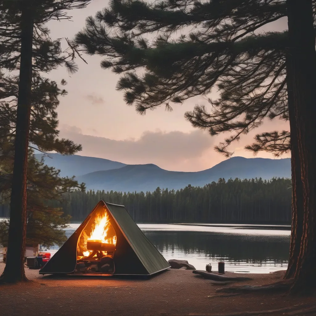 A-frame camper set up at a scenic campsite