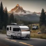 A-frame camper being towed down a scenic road