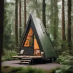 A-frame travel trailer with bathroom parked in a forest.