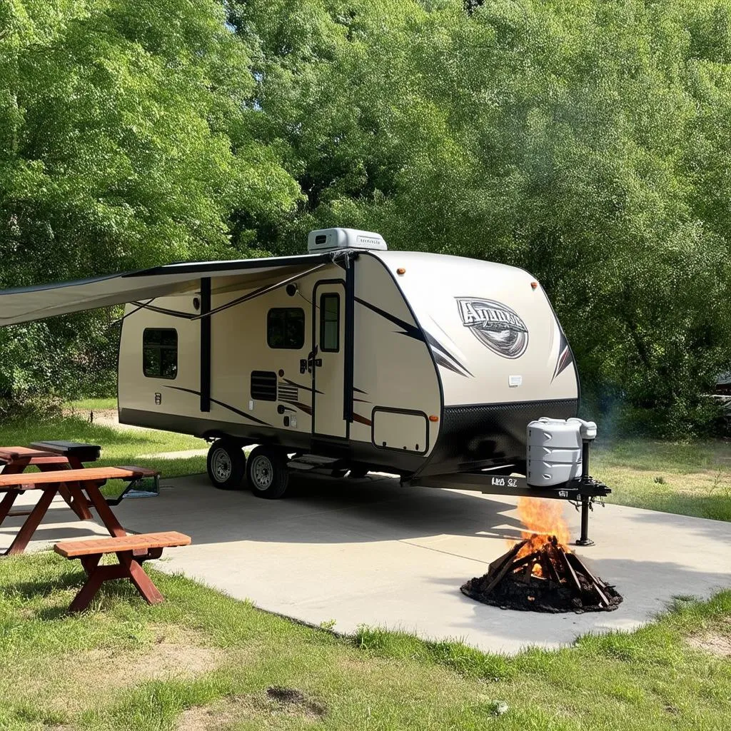 A-frame travel trailer parked at a campsite