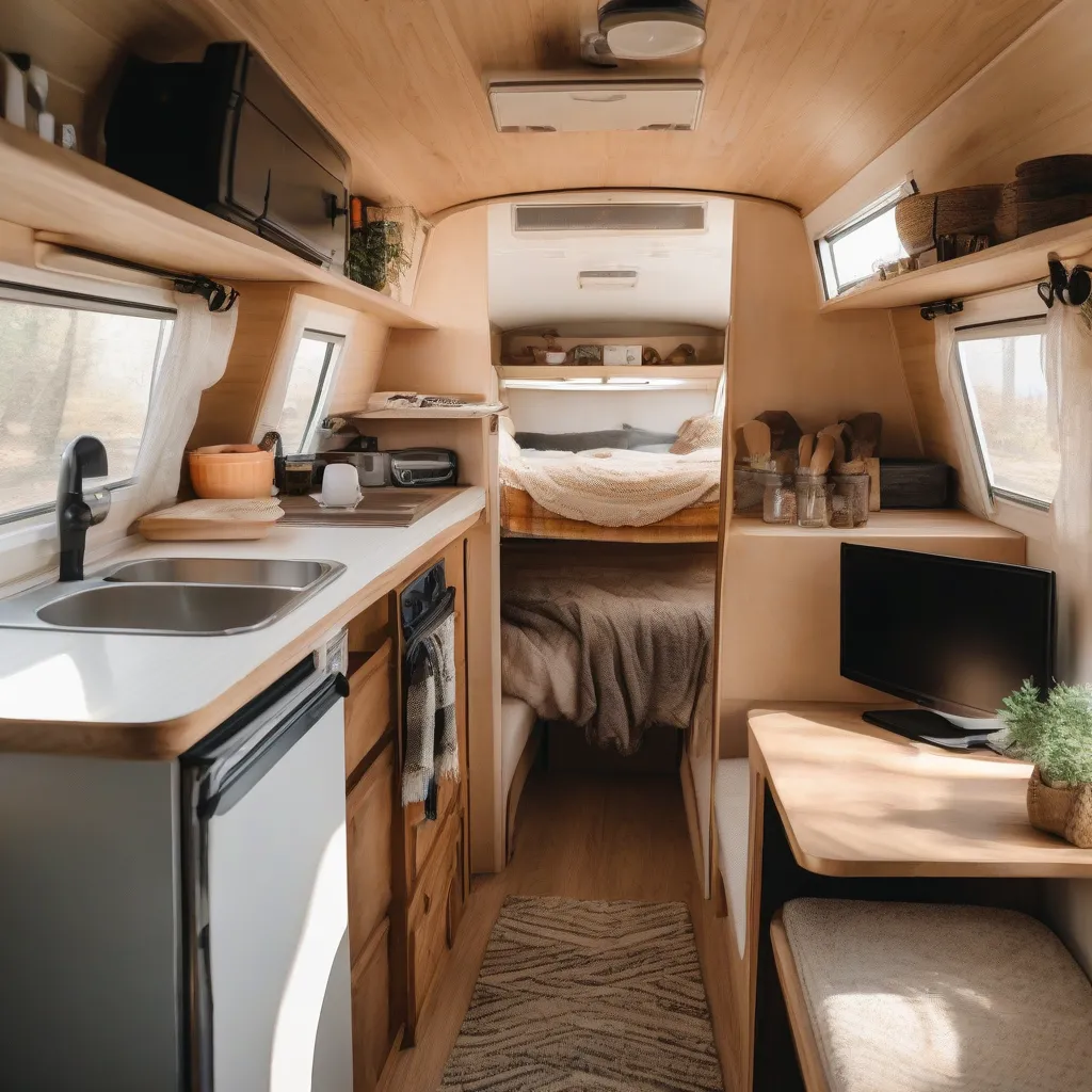 The interior of an a-frame trailer with a loft bed