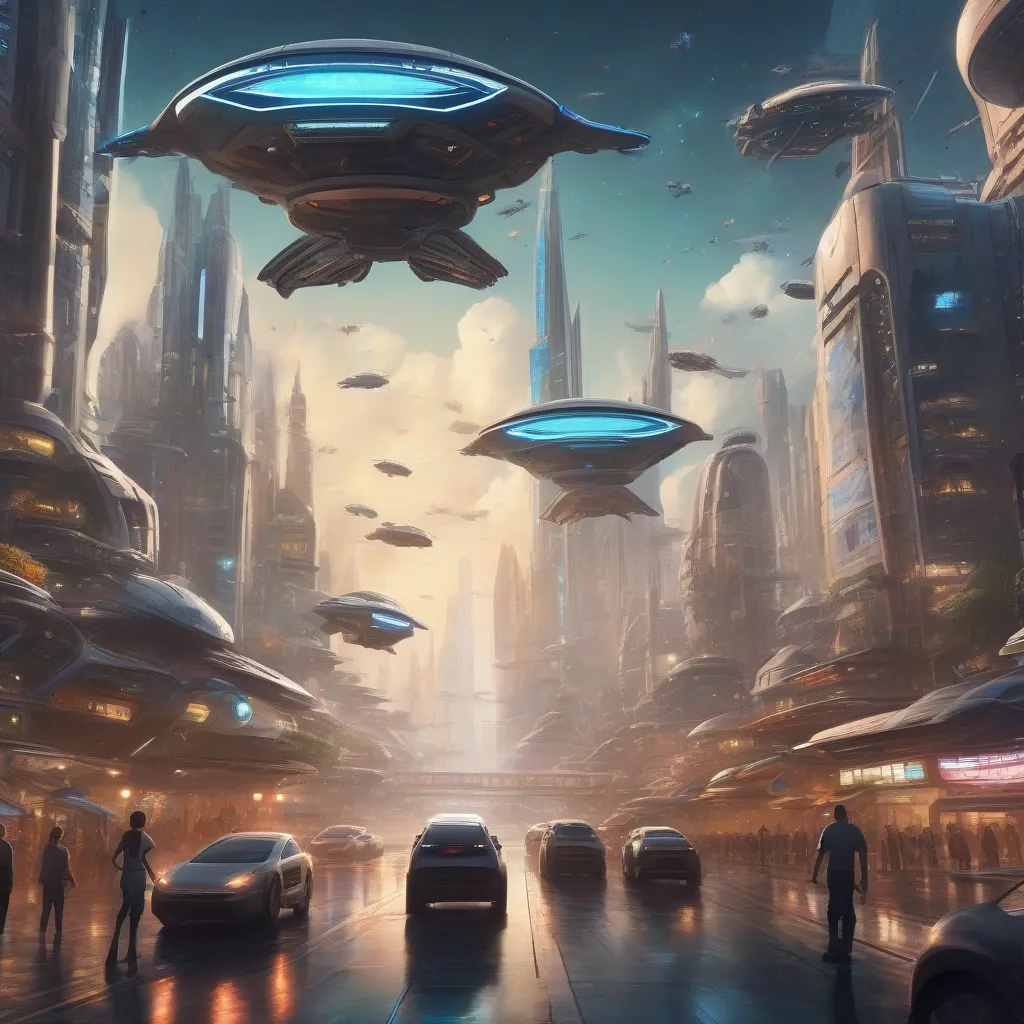 Futuristic City with Spaceships in the Background