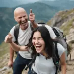 A Girl and a Bald Traveller Laughing