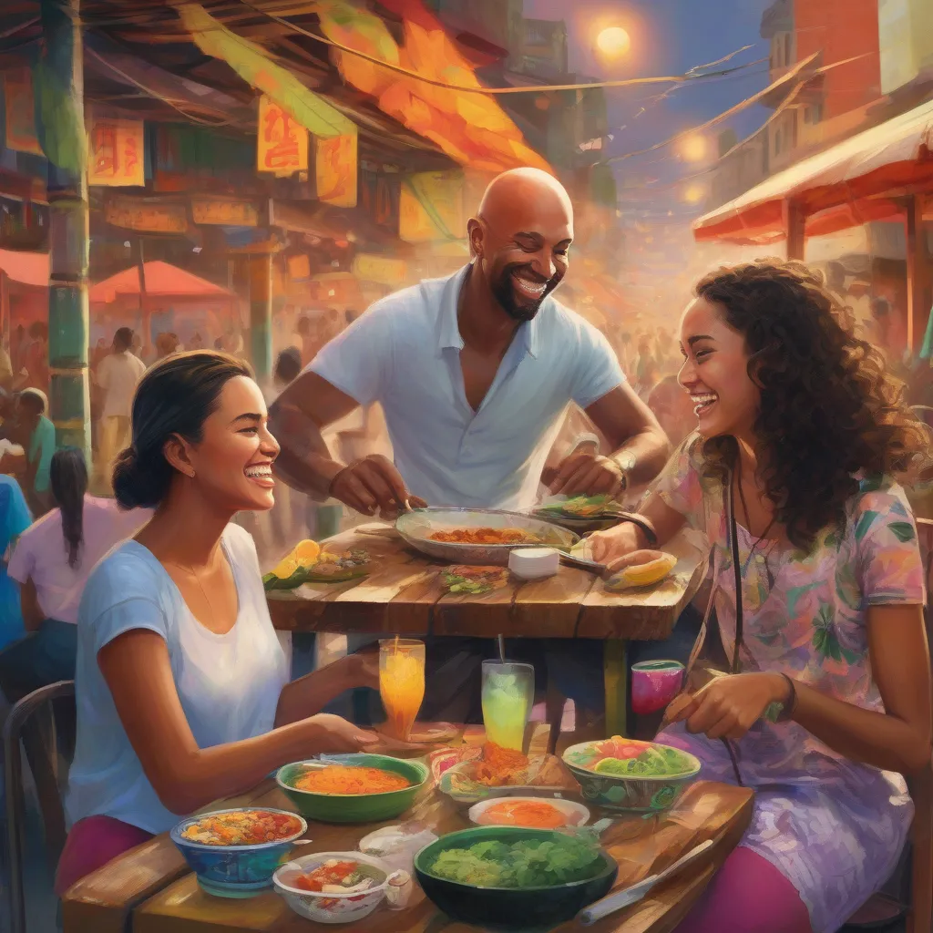 A Girl and a Bald Traveller Enjoying Local Food