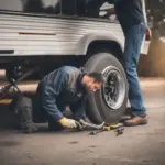 Mechanic adjusting trailer brakes