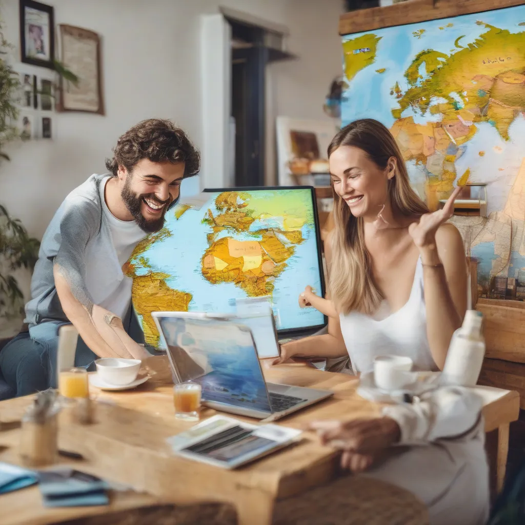 Couple planning a trip using a laptop and checking for rewards on their credit card