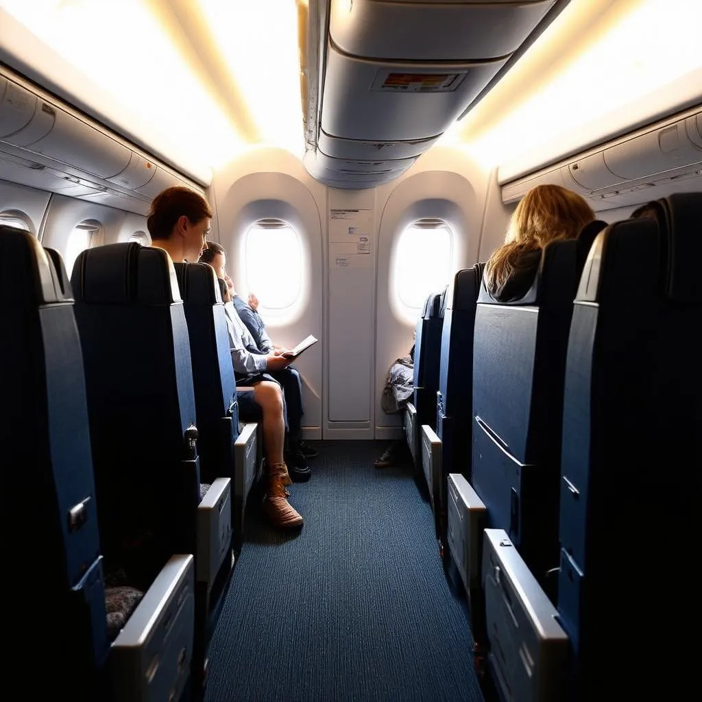 Passengers seated on an airplane, ready for takeoff