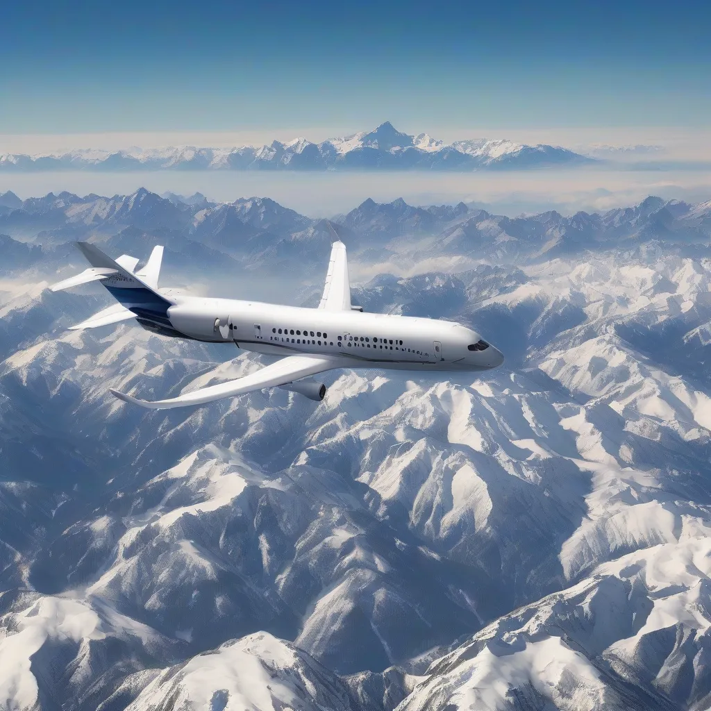 Aerial view of an airplane soaring above majestic mountain peaks