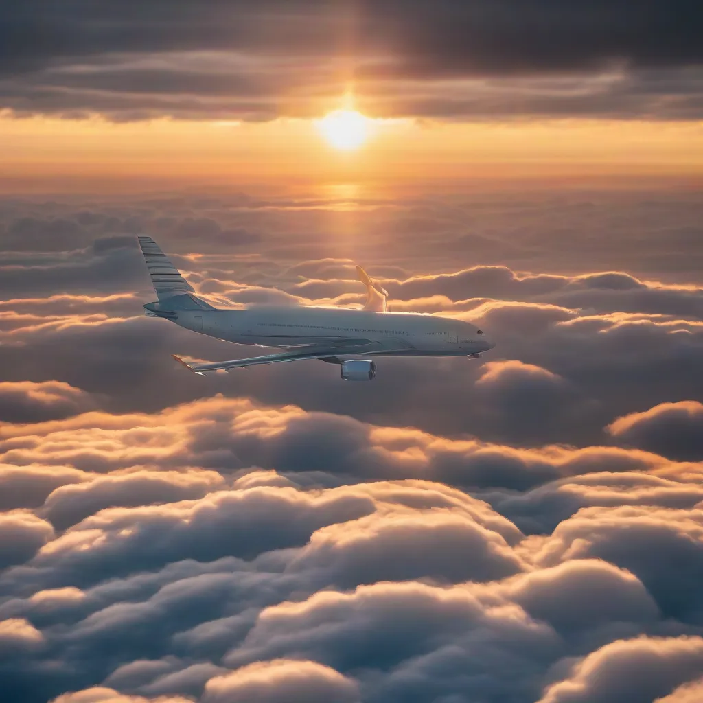 Airplane soaring above the clouds during a long flight