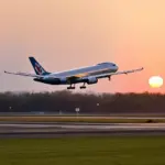 Airplane landing eastward at dusk