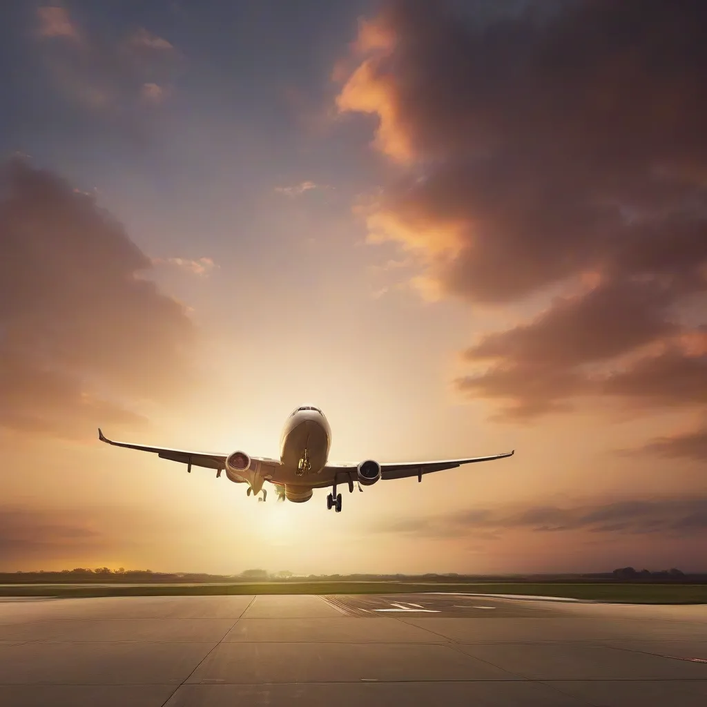 Airplane Taking Off at Sunset