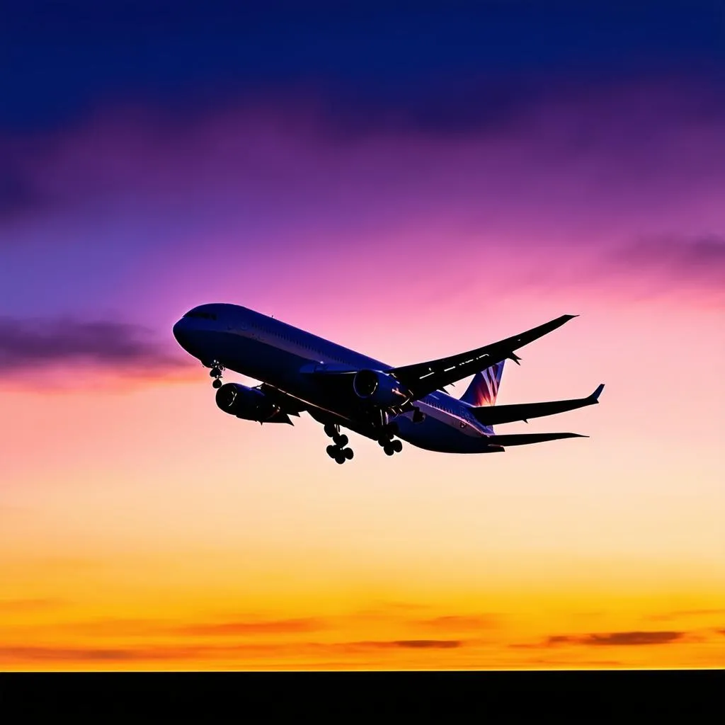 Airplane Taking Off at Sunset