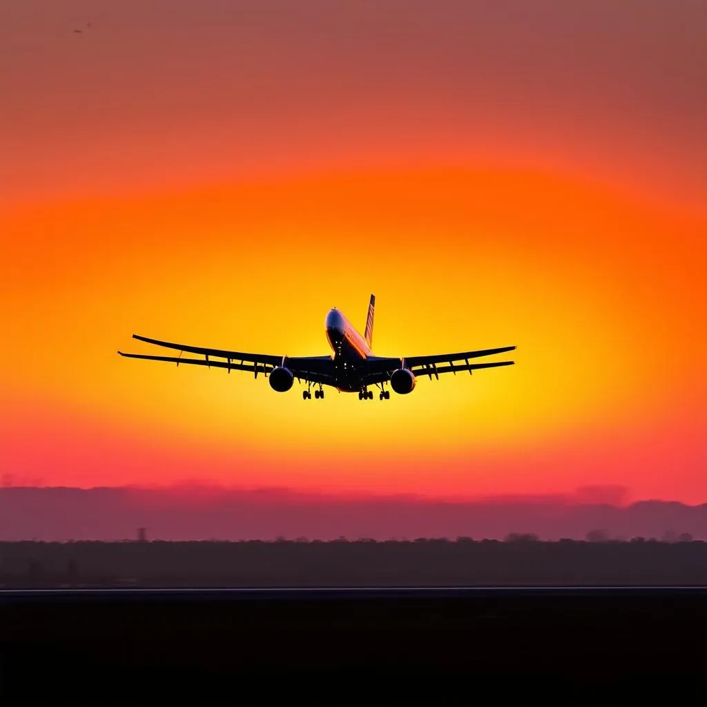 Airplane Taking Off at Sunset