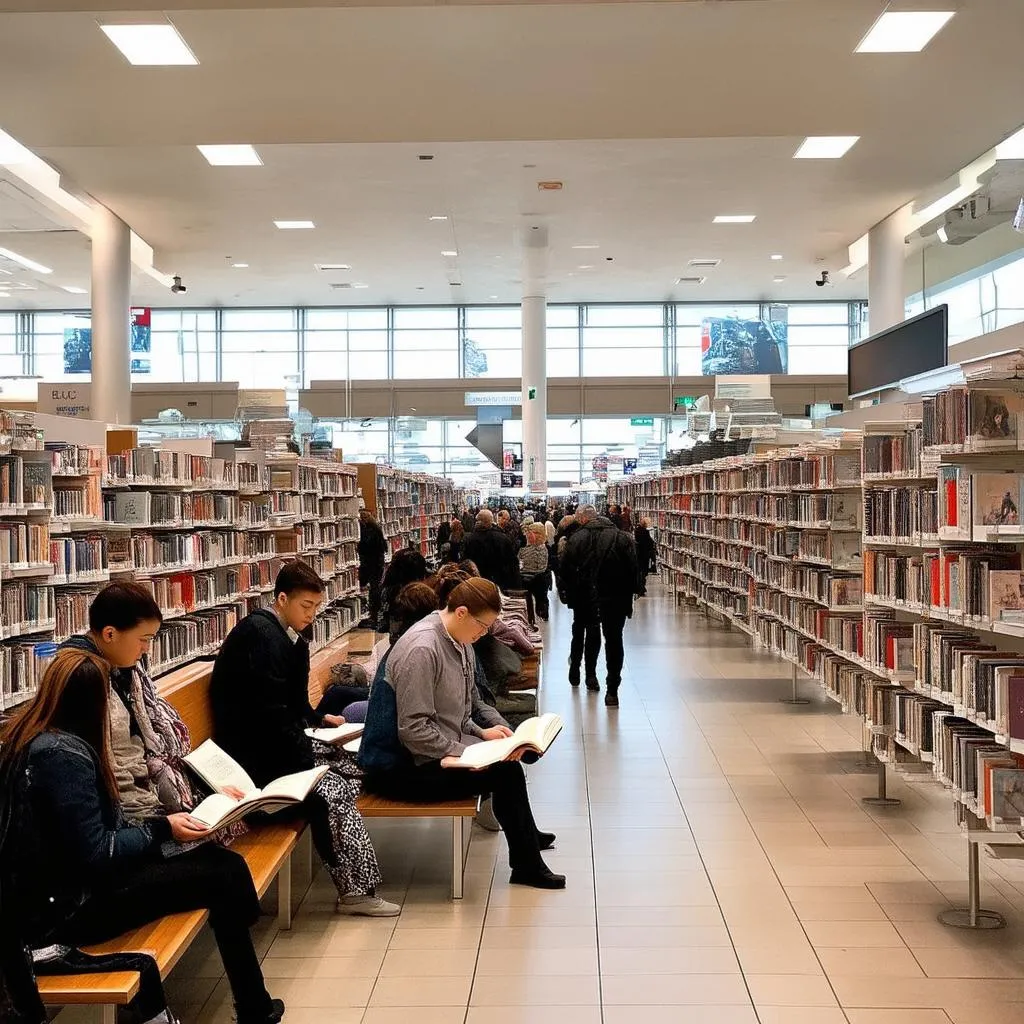 Traveler browsing in an airport bookstore