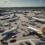 Crowded airport parking lot with airplanes in the background