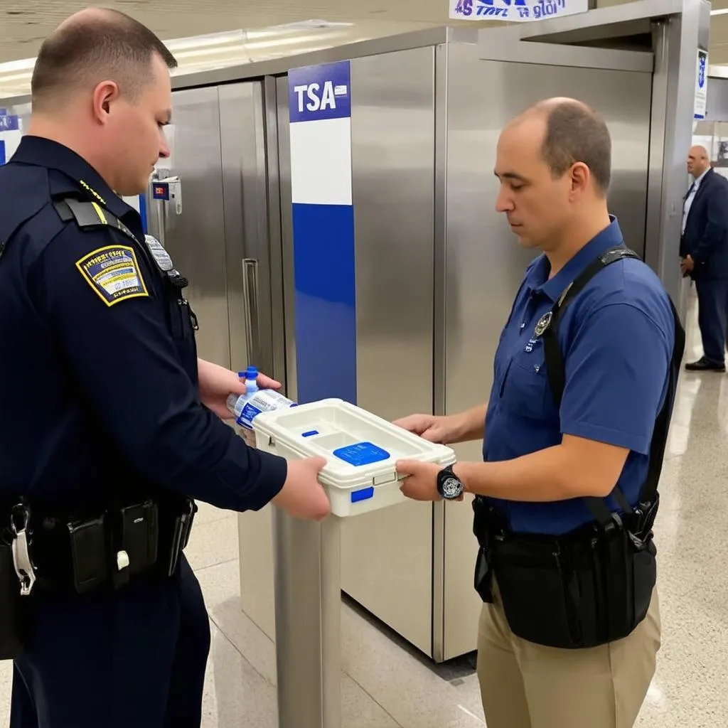 A traveler showing their insulin and cooler to airport security personnel.