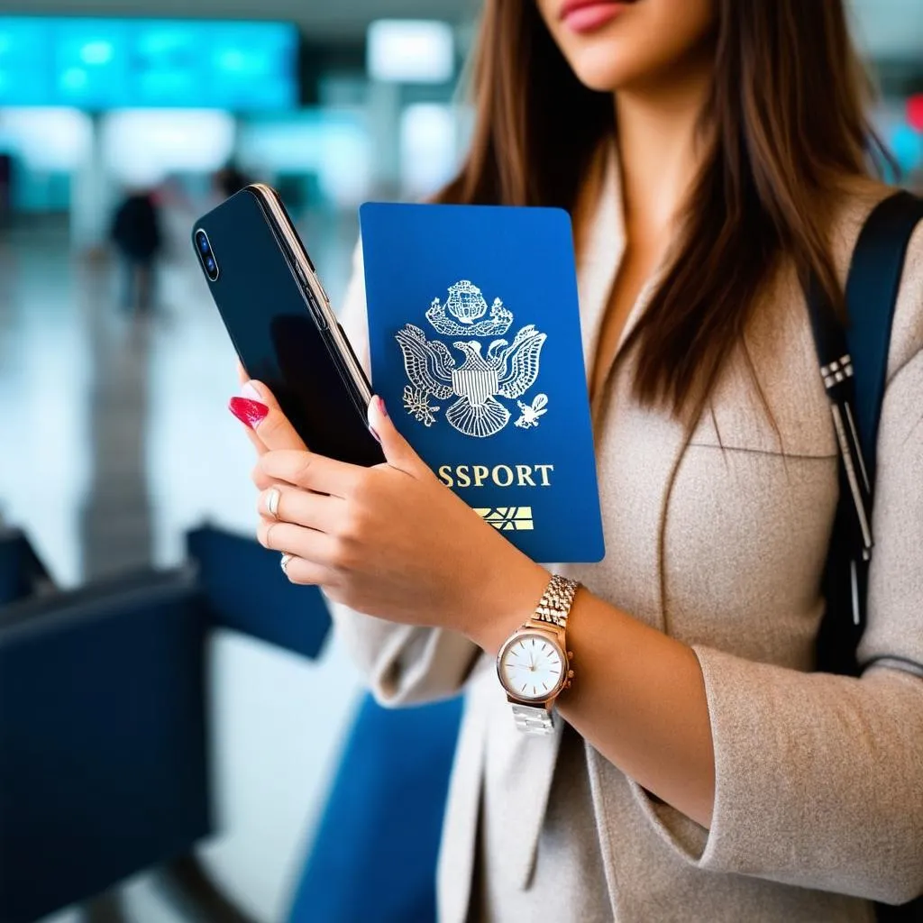 Woman's Hands Holding Passport, Boarding Pass, and Phone at Airport